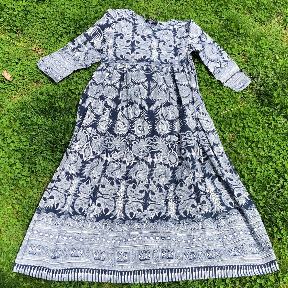 Blue & White Printed Maxi Dress with Three-Quarter Sleeves